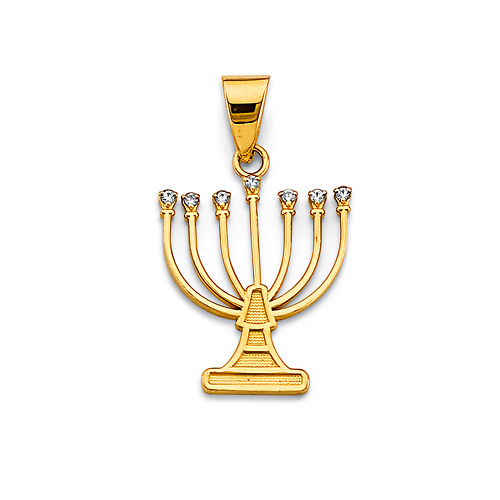Modern Cubic Zirconia Menorah Pendant in 14K Yellow Gold Solid Slide 0