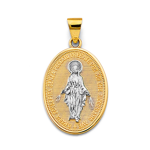 Oval Textured Our Lady of Grace Medal Pendant in 14K Two-Tone Gold Solid Slide 0