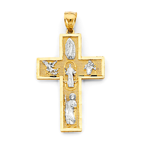 Medium Latin Cross With Catholic Saints Pendant in 14K Two-Tone Gold Solid Slide 0