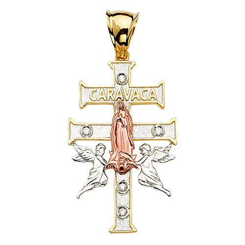 Extra Large Caravaca CZ Crucifix Pendant in 14K Tricolor Gold Slide 1