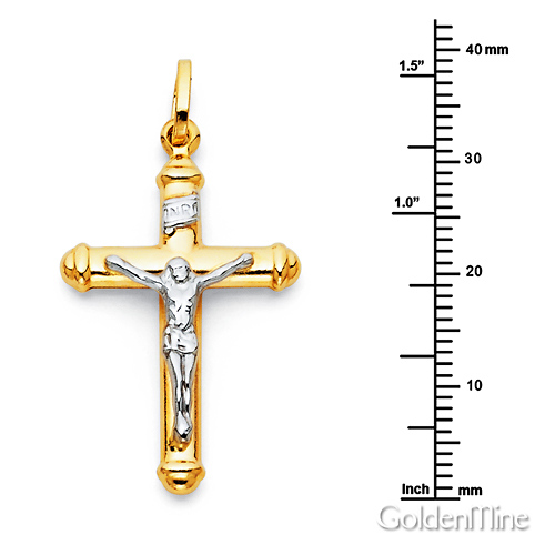 Small Tube Crucifix Necklace with Figaro Chain - 14K Two-Tone Gold (16-24in) Slide 1
