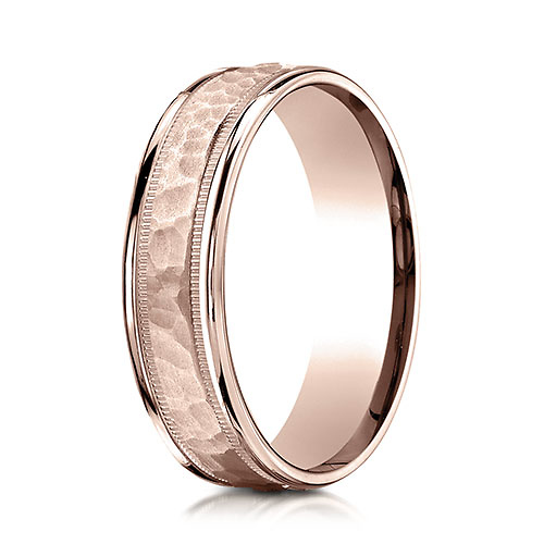 6mm 14K Rose Gold Hammered Milgrain Carved Benchmark Wedding Band Slide 0