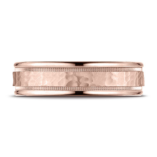 6mm 14K Rose Gold Hammered Milgrain Carved Benchmark Wedding Band Slide 1