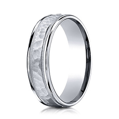 6mm 14K White Gold Hammered Milgrain Carved Benchmark Wedding Band