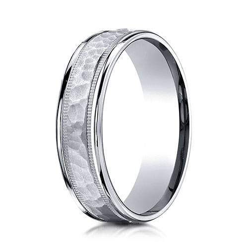 6mm 14K White Gold Hammered Milgrain Carved Benchmark Wedding Band Slide 0