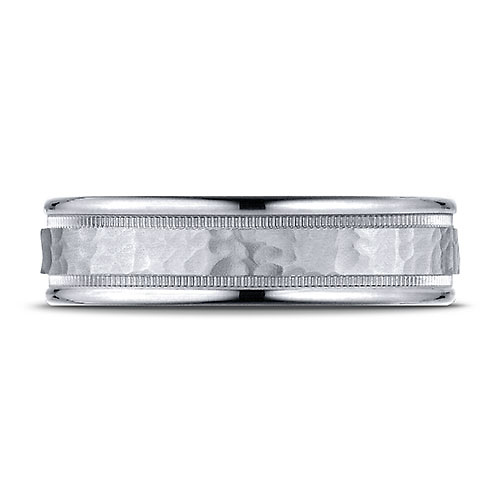 6mm 14K White Gold Hammered Milgrain Carved Benchmark Wedding Band Slide 1