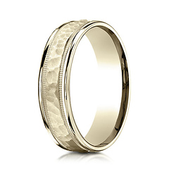 6mm 14K Yellow Gold Hammered Milgrain Carved Benchmark Wedding Band