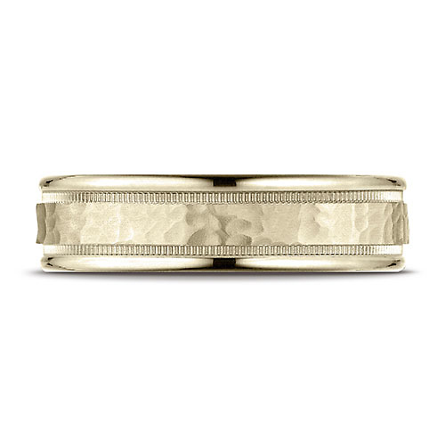 6mm 14K Yellow Gold Hammered Milgrain Carved Benchmark Wedding Band Slide 1