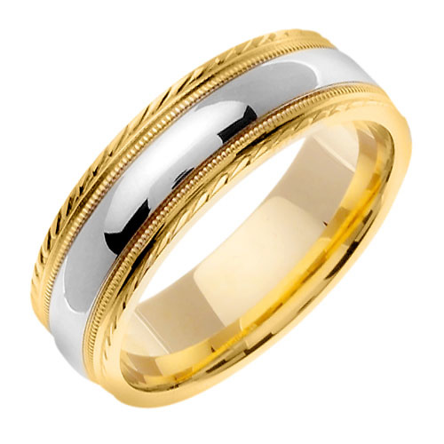 7mm Carved Edge 14K Two-Tone Gold  Milgrain Wedding Ring Slide 1