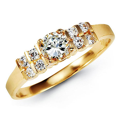2-Row Side & Solitaire Round-Cut CZ Engagement Ring in 14K Yellow Gold Slide 0