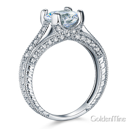 Art Deco Engraved 1-CT Round-Cut CZ Engagement Ring in 14K White Gold Slide 1