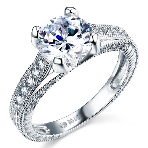 Art Deco Engraved 1-CT Round-Cut CZ Engagement Ring in 14K White Gold Slide 0
