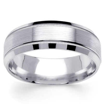 7mm Beveled Milgrain Edge 14K White Gold Wedding Band for Men Slide 0
